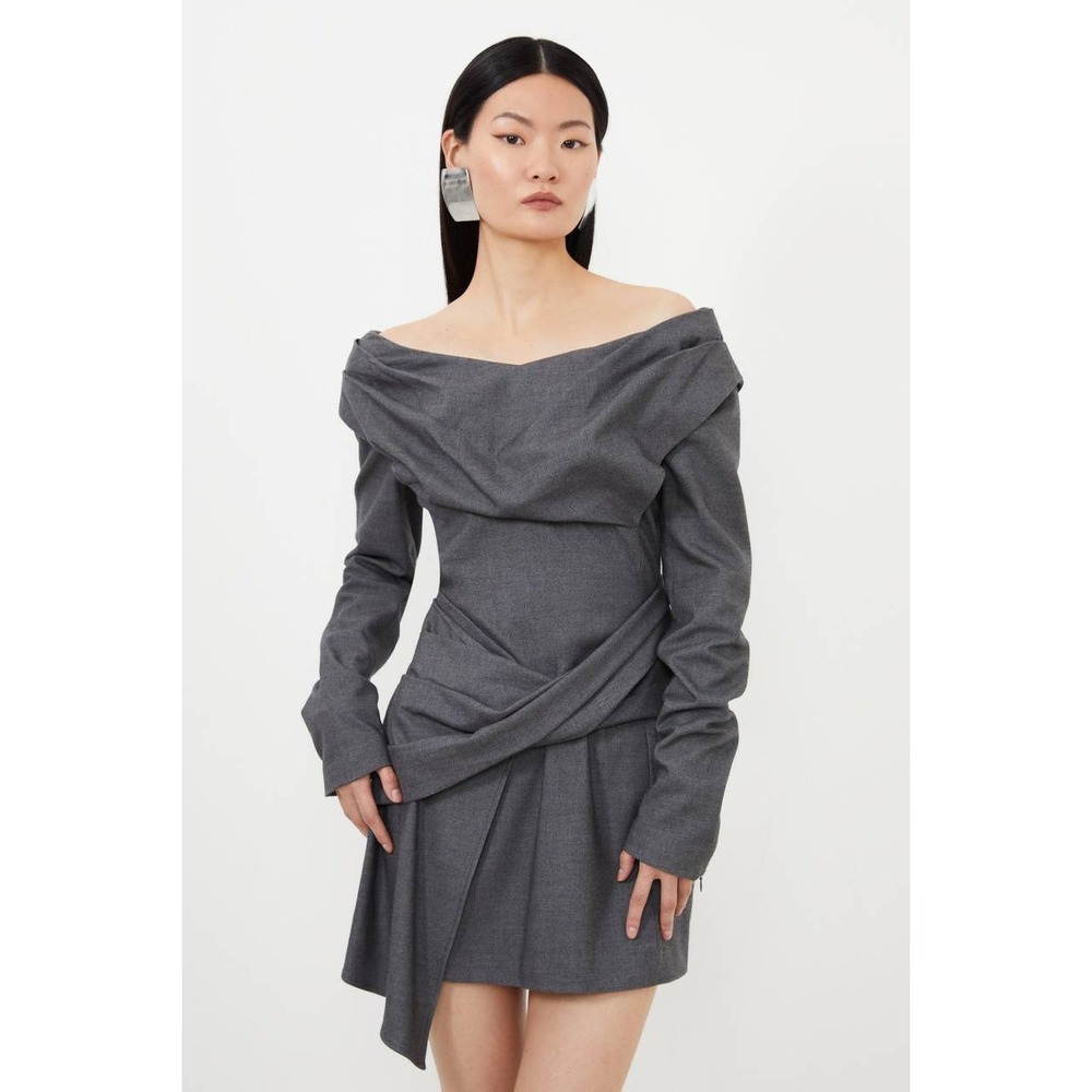 Karen Millen Mini Dress Woven Wool Mix Bardot Draped Off Shoulder Grey 8 Chic